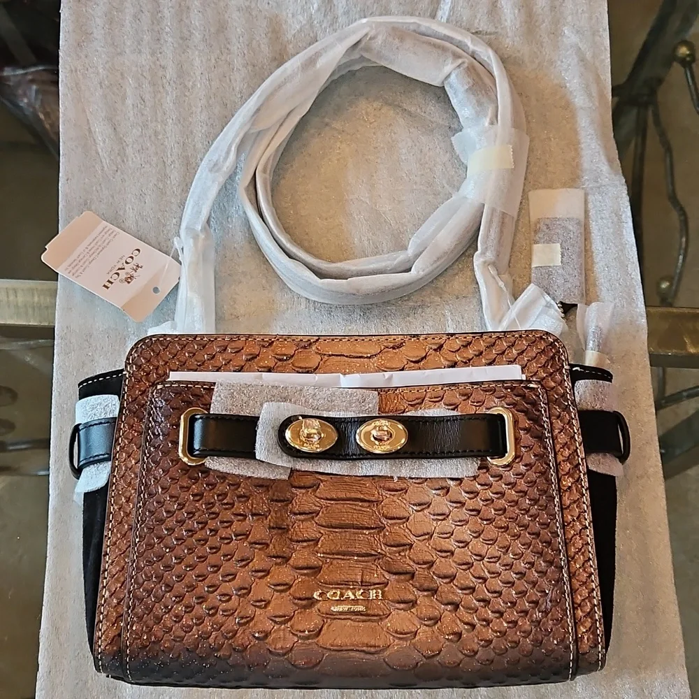 Coach Blake Crossbody Bag Metallic Snake Embossed Bronze Leather Gold Hdwr NWT - Picture 1 of 16